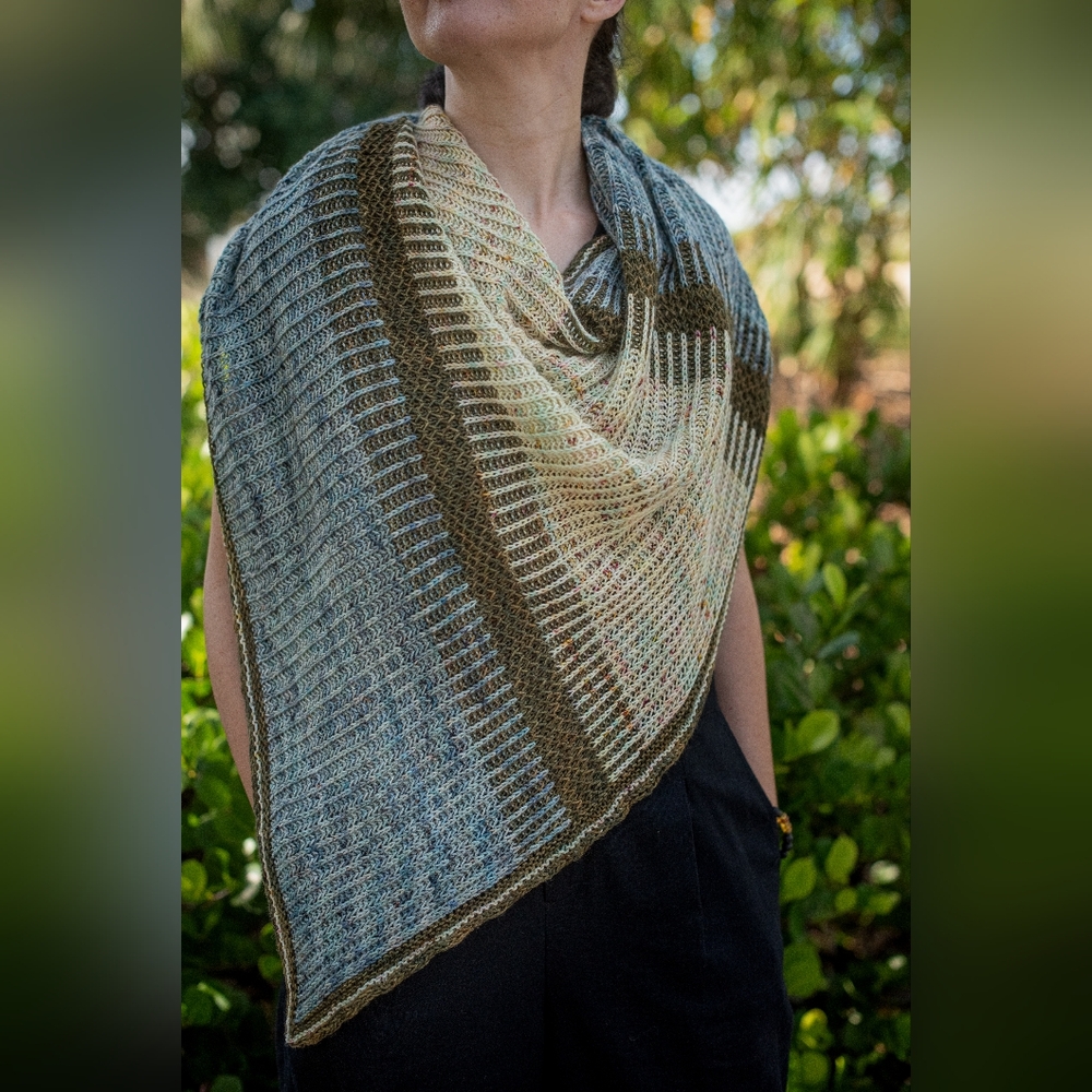 Handcrafted Avantgarde Contemporary Casual Light Wool Blue Brow Yellow Knit Wrap - Picture 1 of 12